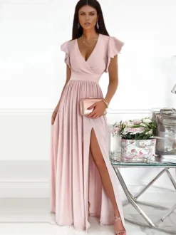 Dark Navy Maxi Dress Flutter Sleeves V-Neck Surplice Tank Prom Dresses