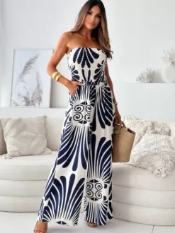 Dark Navy Printed Strapless Sleeveless Polyester Straight Summer One Piece Outfit