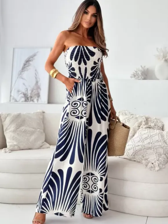 Dark Navy Printed Strapless Sleeveless Polyester Straight Summer One Piece Outfit