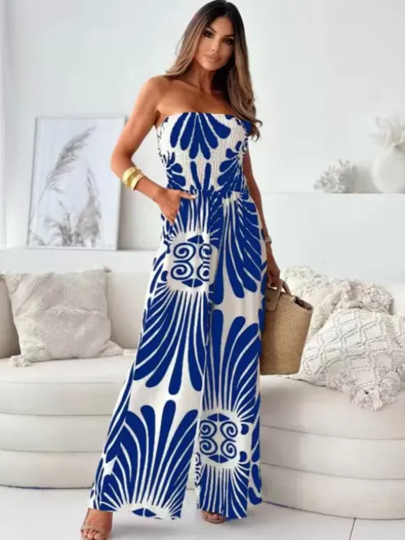 Dark Navy Printed Strapless Sleeveless Polyester Straight Summer One Piece Outfit