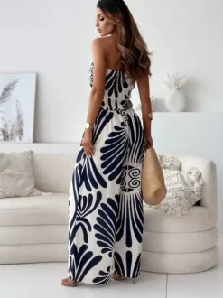 Dark Navy Printed Strapless Sleeveless Polyester Straight Summer One Piece Outfit
