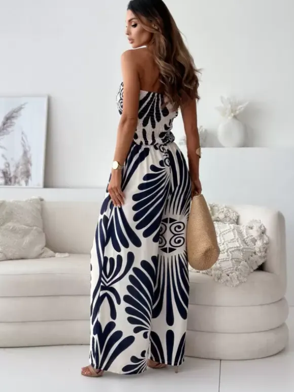 Dark Navy Printed Strapless Sleeveless Polyester Straight Summer One Piece Outfit