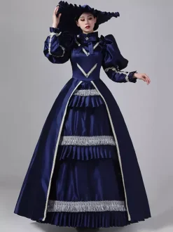 Dark Navy Retro Tudor Dress Costumes Ruffles Polyester Dress Marie Antoinette Costume Women's Royal Tunic Vintage Clothing