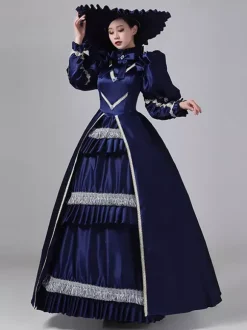 Dark Navy Retro Tudor Dress Costumes Ruffles Polyester Dress Marie Antoinette Costume Women's Royal Tunic Vintage Clothing