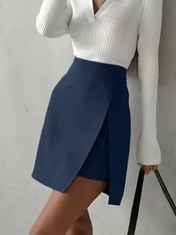 Dark Navy Skirt High Waist Split Layering Summer Casual Skirts