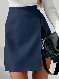 Dark Navy Skirt High Waist Split Layering Summer Casual Skirts