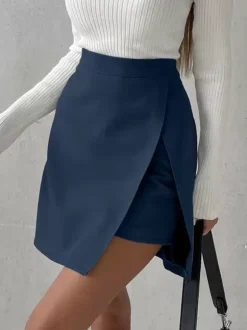 Dark Navy Skirt High Waist Split Layering Summer Casual Skirts