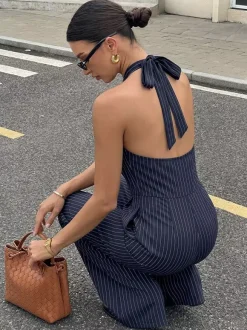 Dark Navy Thin Vertical Stripe Halter Jumpsuit Sleeveless High Waist Wide Leg Playsuit