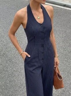 Dark Navy Thin Vertical Stripe Halter Jumpsuit Sleeveless High Waist Wide Leg Playsuit