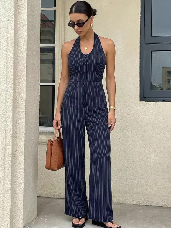 Dark Navy Thin Vertical Stripe Halter Jumpsuit Sleeveless High Waist Wide Leg Playsuit
