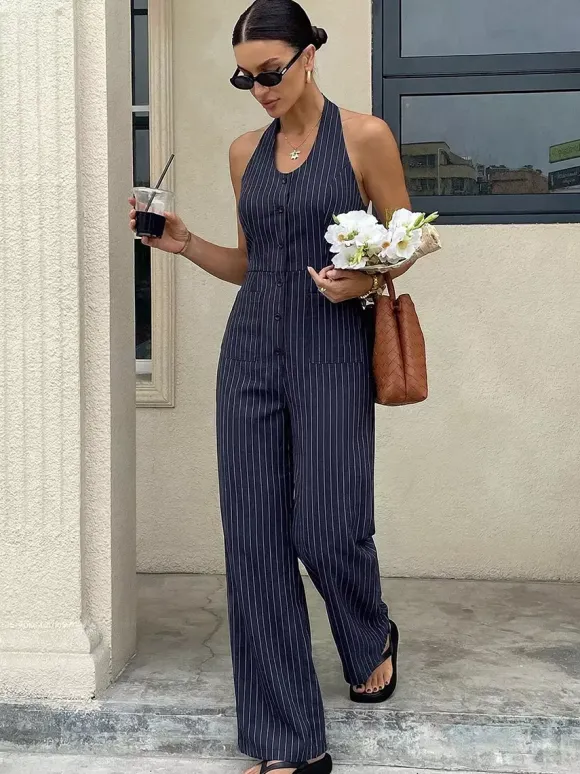 Dark Navy Thin Vertical Stripe Halter Jumpsuit Sleeveless High Waist Wide Leg Playsuit