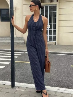 Dark Navy Thin Vertical Stripe Halter Jumpsuit Sleeveless High Waist Wide Leg Playsuit