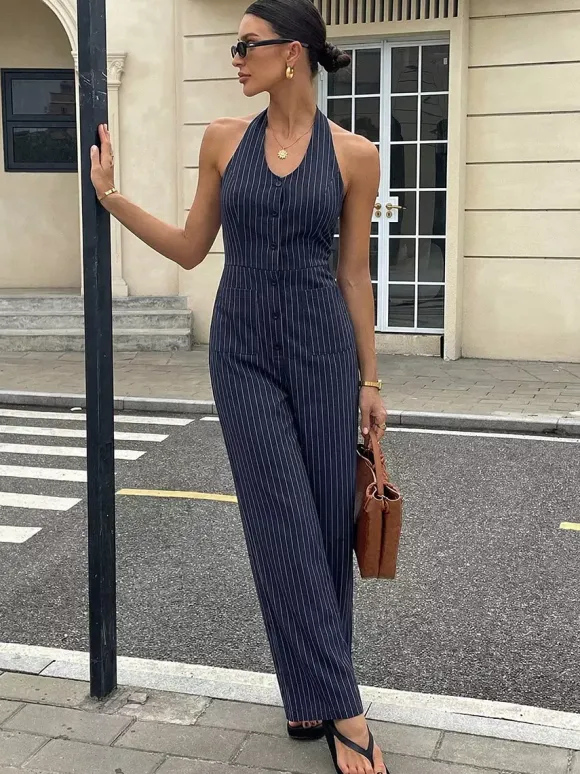 Dark Navy Thin Vertical Stripe Halter Jumpsuit Sleeveless High Waist Wide Leg Playsuit