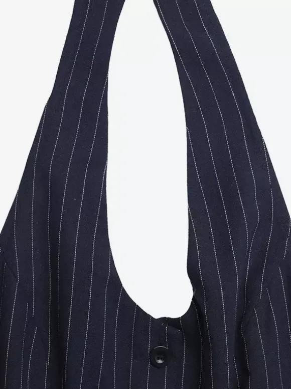 Dark Navy Thin Vertical Stripe Halter Jumpsuit Sleeveless High Waist Wide Leg Playsuit