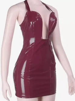 Dark Red Faux Leather Women Mini Dress - Sexy Deep V Neck Halter Bodycon Dress - Night Out Baddie Style Summer Clubwear 2026