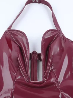 Dark Red Faux Leather Women Mini Dress - Sexy Deep V Neck Halter Bodycon Dress - Night Out Baddie Style Summer Clubwear 2026