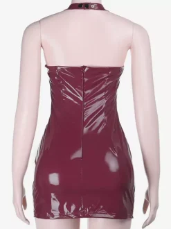 Dark Red Faux Leather Women Mini Dress - Sexy Deep V Neck Halter Bodycon Dress - Night Out Baddie Style Summer Clubwear 2026