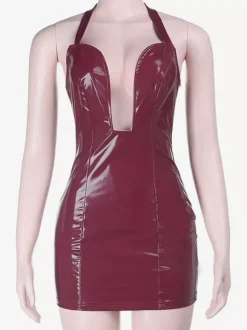 Dark Red Faux Leather Women Mini Dress - Sexy Deep V Neck Halter Bodycon Dress - Night Out Baddie Style Summer Clubwear 2026