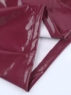 Dark Red Faux Leather Women Mini Dress - Sexy Deep V Neck Halter Bodycon Dress - Night Out Baddie Style Summer Clubwear 2026
