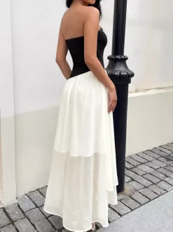 Date Night Dresses Maxi Backless Bows Sleeveless Bow Off-The-Shoulder Sweet Black+White Dress