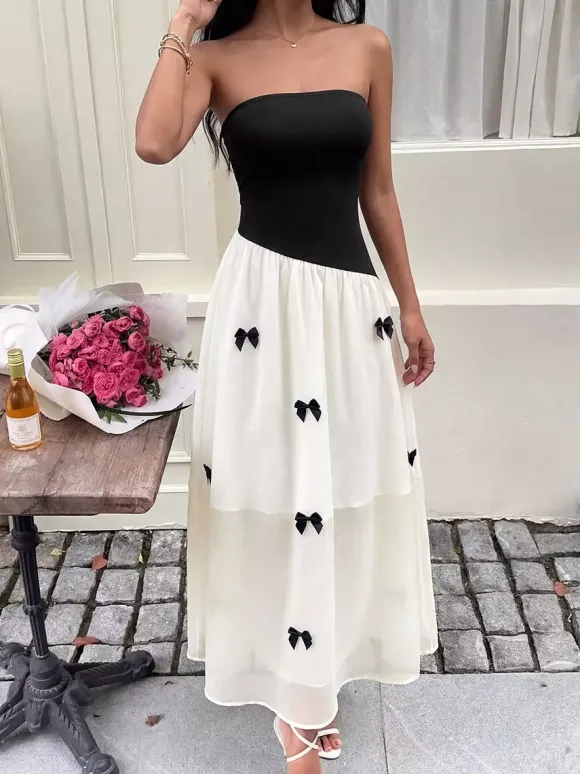Date Night Dresses Maxi Backless Bows Sleeveless Bow Off-The-Shoulder Sweet Black+White Dress