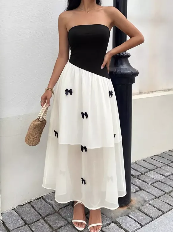 Date Night Dresses Maxi Backless Bows Sleeveless Bow Off-The-Shoulder Sweet Black+White Dress