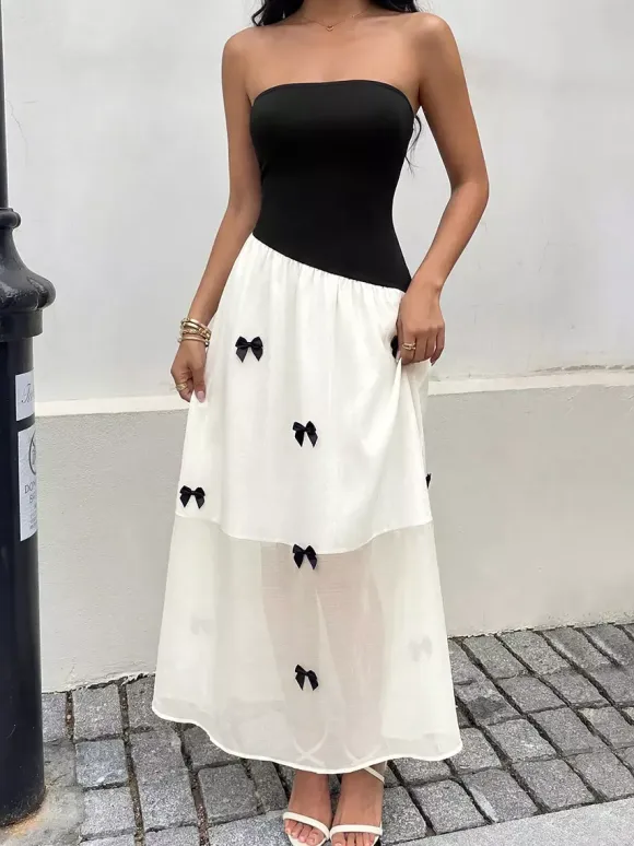 Date Night Dresses Maxi Backless Bows Sleeveless Bow Off-The-Shoulder Sweet Black+White Dress