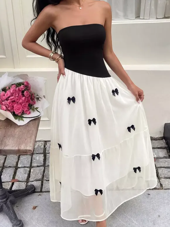 Date Night Dresses Maxi Backless Bows Sleeveless Bow Off-The-Shoulder Sweet Black+White Dress