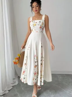 Date Night Dresses Maxi Backless Flowers Pleated Sleeveless Floral Print Square Neck Sweet Dress