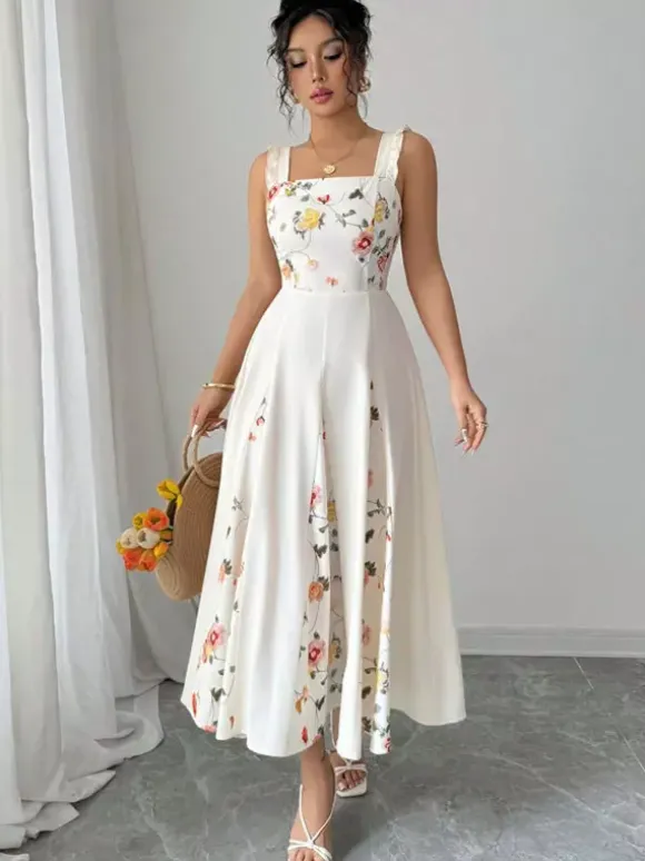 Date Night Dresses Maxi Backless Flowers Pleated Sleeveless Floral Print Square Neck Sweet Dress