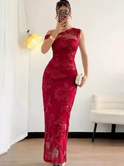 Date Night Dresses Maxi Elegant Black One Shoulder 3D Floral Mesh Mermaid Bodycon Formal Gown