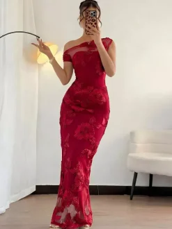 Date Night Dresses Maxi Elegant Black One Shoulder 3D Floral Mesh Mermaid Bodycon Formal Gown
