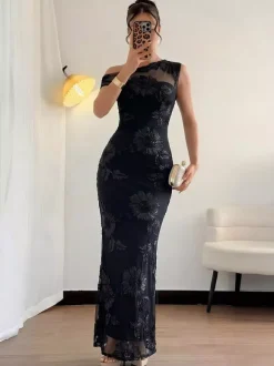 Date Night Dresses Maxi Elegant Black One Shoulder 3D Floral Mesh Mermaid Bodycon Formal Gown