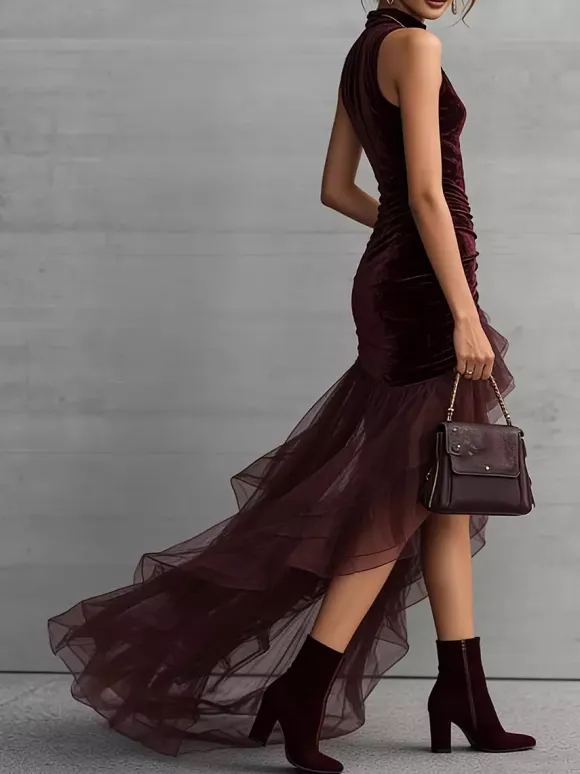 Date Night Dresses Maxi High Low Design Ruffles Sleeveless High Collar Velvet Bodycon Evening Gown