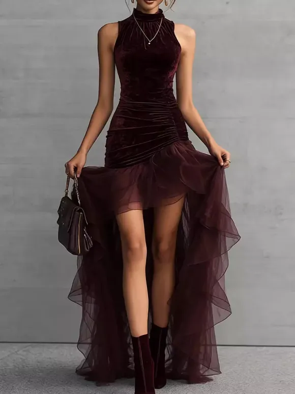 Date Night Dresses Maxi High Low Design Ruffles Sleeveless High Collar Velvet Bodycon Evening Gown