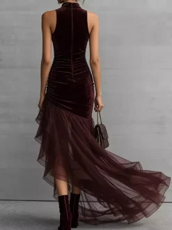 Date Night Dresses Maxi High Low Design Ruffles Sleeveless High Collar Velvet Bodycon Evening Gown