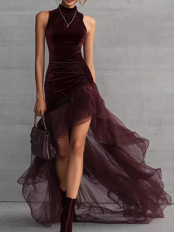 Date Night Dresses Maxi High Low Design Ruffles Sleeveless High Collar Velvet Bodycon Evening Gown