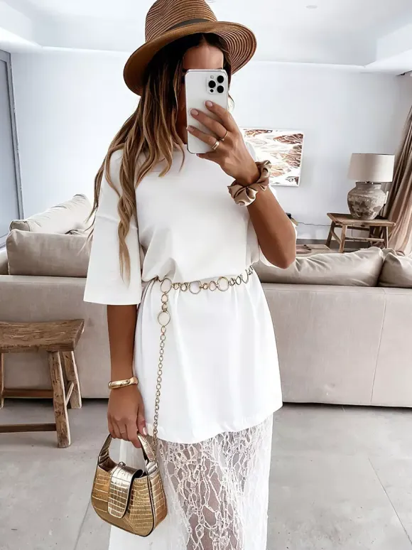 Date Night Dresses Maxi Lace Short Sleeves Jewel Neck Elegant White Dress