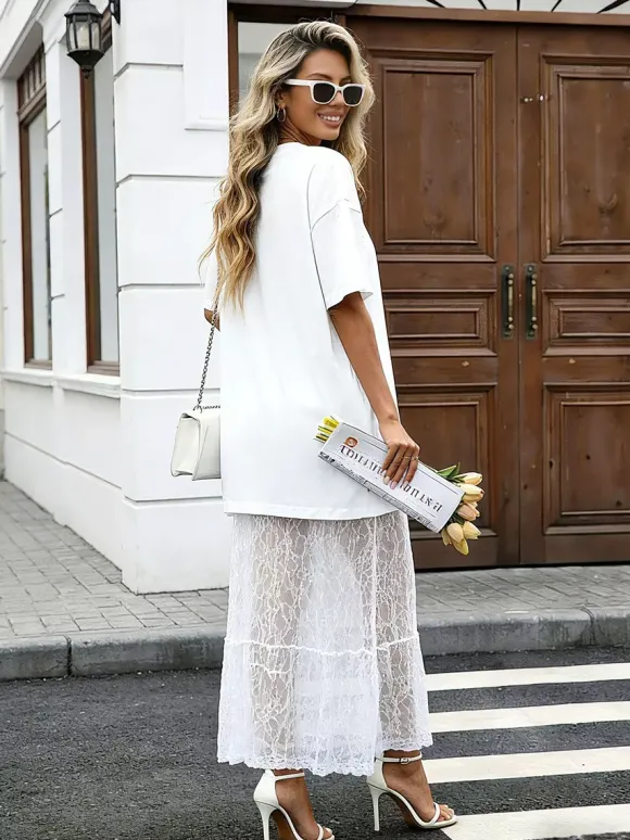 Date Night Dresses Maxi Lace Short Sleeves Jewel Neck Elegant White Dress