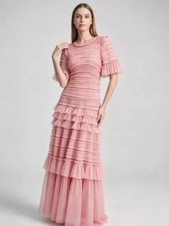 Date Night Dresses Maxi Layered Pleated Short Sleeves Jewel Neck Elegant Pink Dress