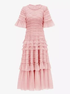 Date Night Dresses Maxi Layered Pleated Short Sleeves Jewel Neck Elegant Pink Dress