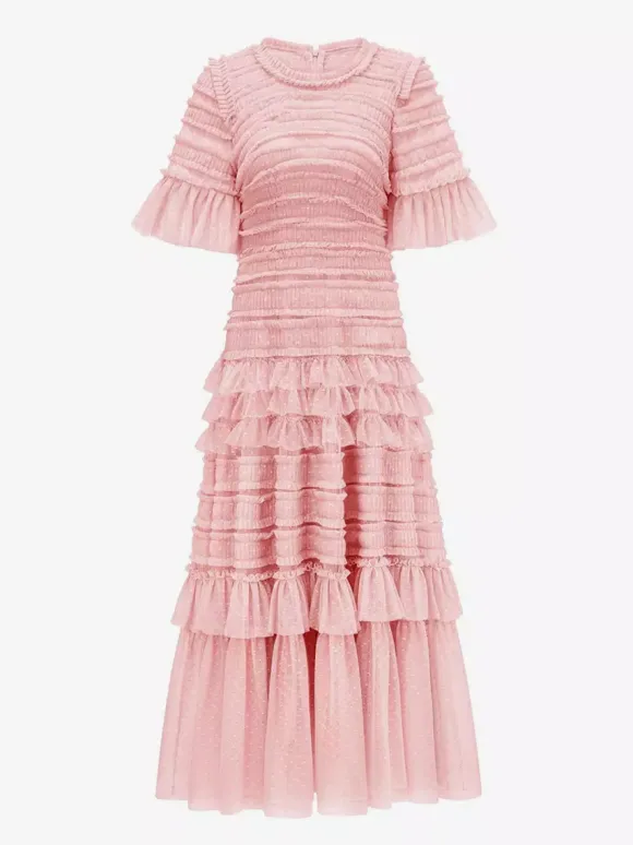Date Night Dresses Maxi Layered Pleated Short Sleeves Jewel Neck Elegant Pink Dress