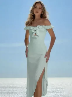 Date Night Dresses Maxi Ruffles Off Shoulder Elegant Mint Green Bodycon Dress
