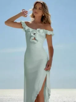 Date Night Dresses Maxi Ruffles Off Shoulder Elegant Mint Green Bodycon Dress