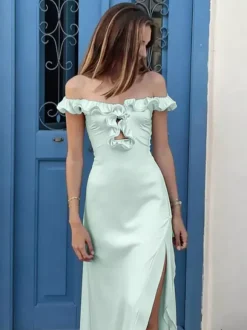 Date Night Dresses Maxi Ruffles Off Shoulder Elegant Mint Green Bodycon Dress