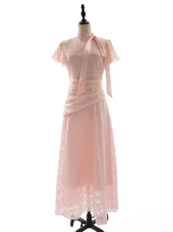 Date Night Dresses Maxi Ruffles Zipper Short Sleeves Stand Collar Petal Sleeves Elegant Pink Dress