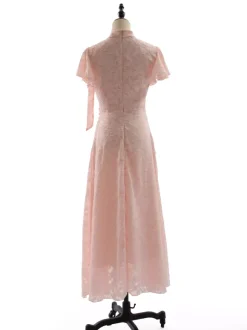 Date Night Dresses Maxi Ruffles Zipper Short Sleeves Stand Collar Petal Sleeves Elegant Pink Dress