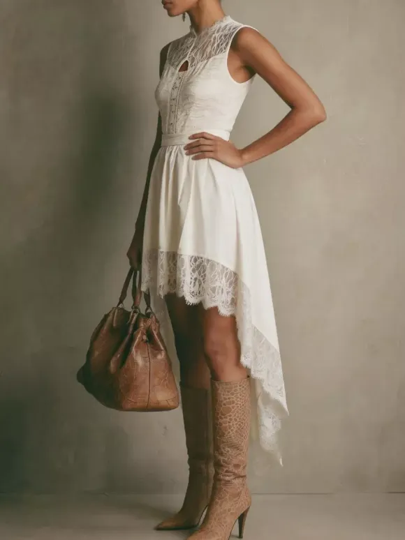 Date Night Dresses Midi High Low Bohemian Lace Sleeveless Jewel Neck Irregular Flowy White Dresses