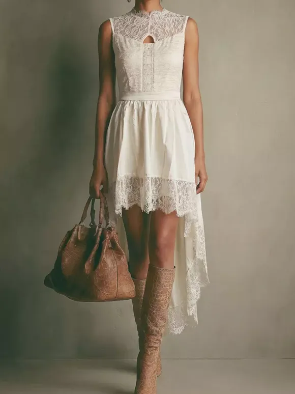 Date Night Dresses Midi High Low Bohemian Lace Sleeveless Jewel Neck Irregular Flowy White Dresses