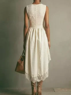 Date Night Dresses Midi High Low Bohemian Lace Sleeveless Jewel Neck Irregular Flowy White Dresses